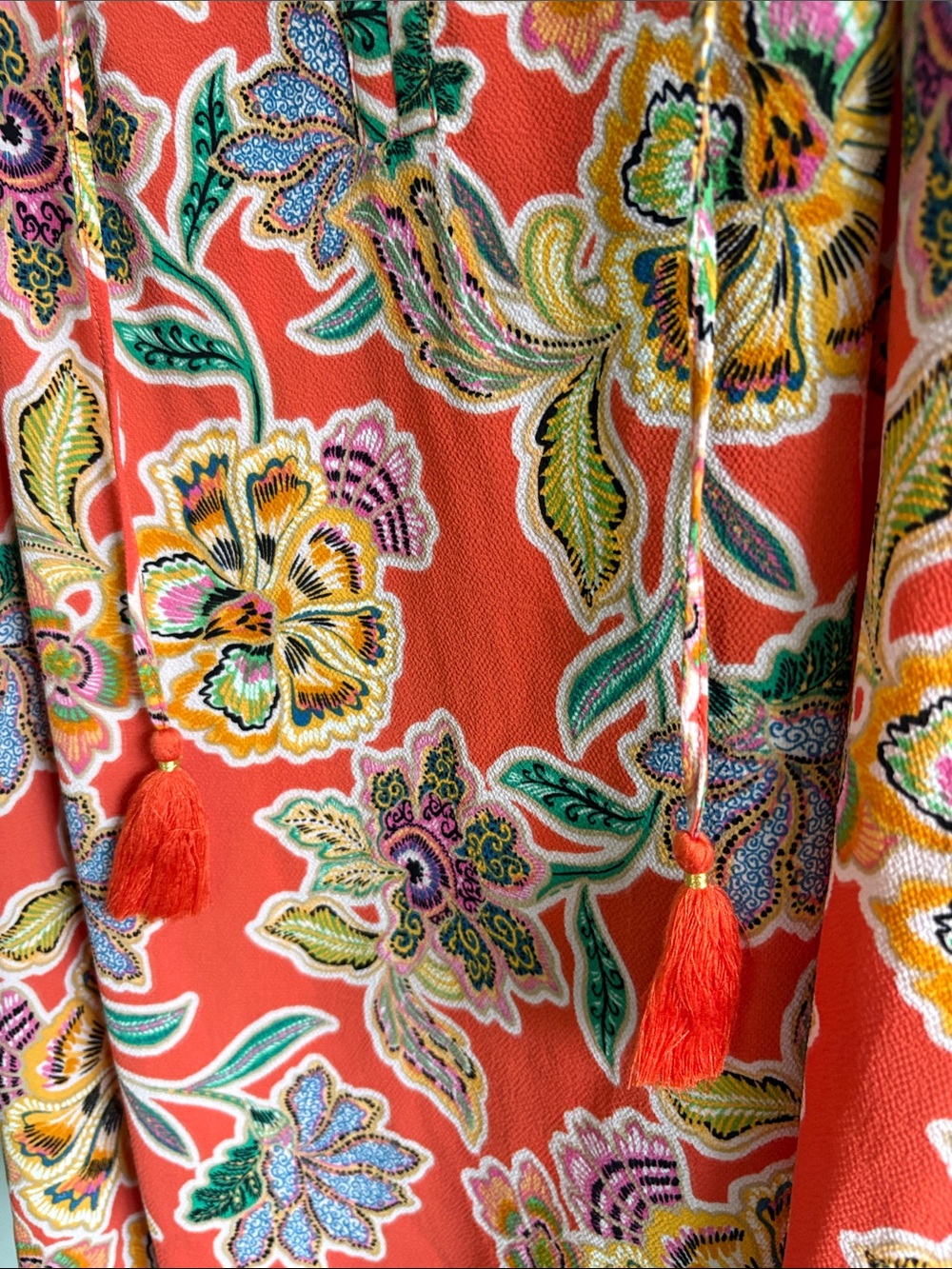 Rose + Olive 1X Coral Floral Flutter Sleeve Boho Blouse Tassel Tie - Picture 5 of 6
